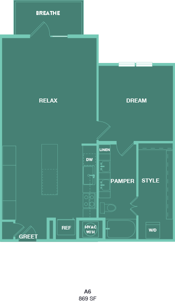 A floor plan with labeled rooms such as "BREATHE", "RELAX", and "DREAM".